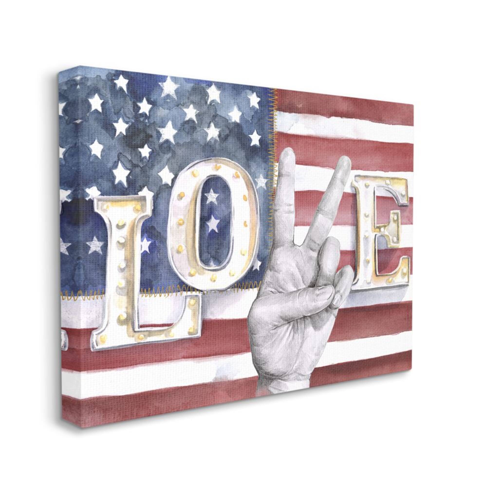 Stupell Industries Love Peace Sign Hand American Flag Design Canvas Wall Art